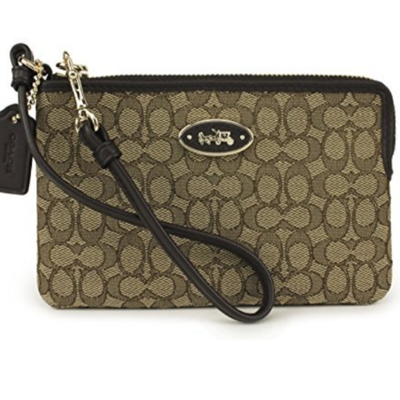 Coach 52574 Signature Jacquard Small Wristlet, Khaki/Brown - Picture 1 of 15